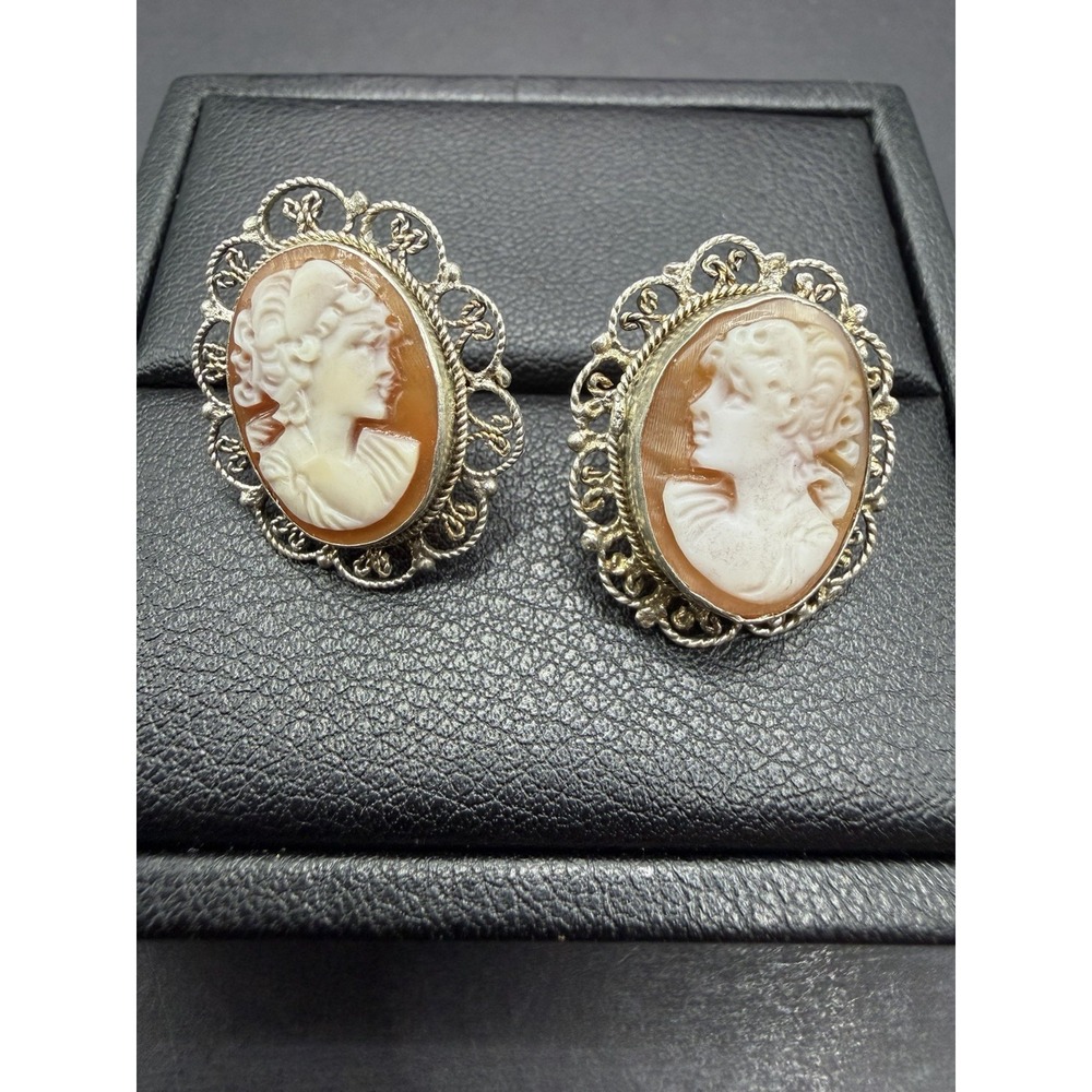 Vintage Sterling Silver Cameo Earrings Italy 925